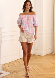 Blouse carreaux rose bleu col bardot