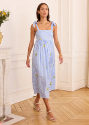Robe midi rayée bleu blanc brodée