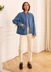 Veste denim col montant volanté