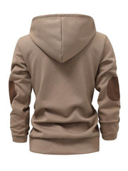 Dos du sweat beige taupe à capuche et col boutonné.