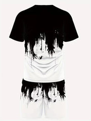 Ensemble t-shirt géométrique et short — vue à plat, t-shirt et short, fond blanc