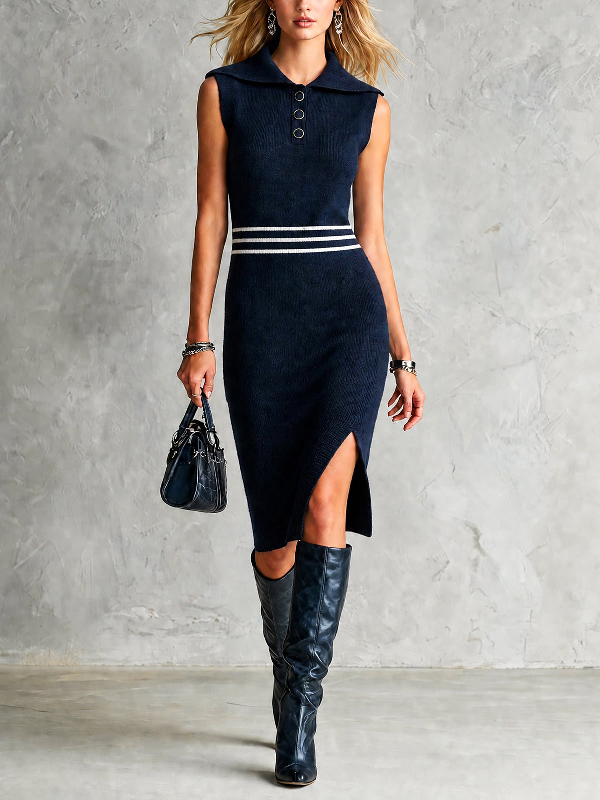 Robe midi marine rayures — vue portée de face, col polo et ceinture rayée