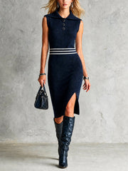 Robe midi marine rayures — vue portée de face, col polo et ceinture rayée
