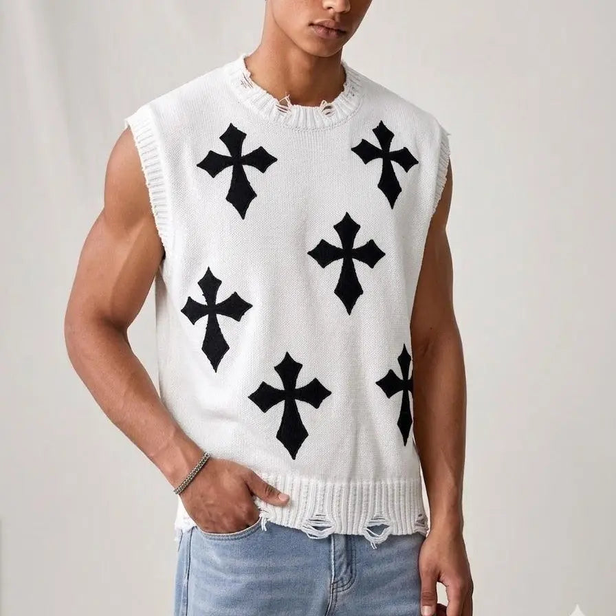 Pull sans manches motifs croix blanc — vue de face