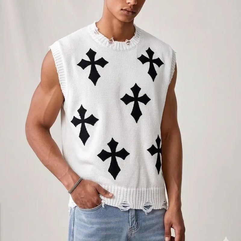 Pull sans manches motifs croix blanc — vue de face