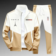 Ensemble zippé à bandes contrastantes — beige et blanc, veste zippée et pantalon resserré