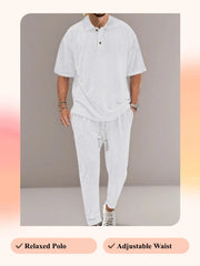 Ensemble polo texturé et pantalon blanc — vue à plat, polo et pantalon à cordon