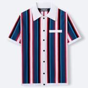 Polo cardigan rayé bleu, rouge et blanc — vue à plat, de face