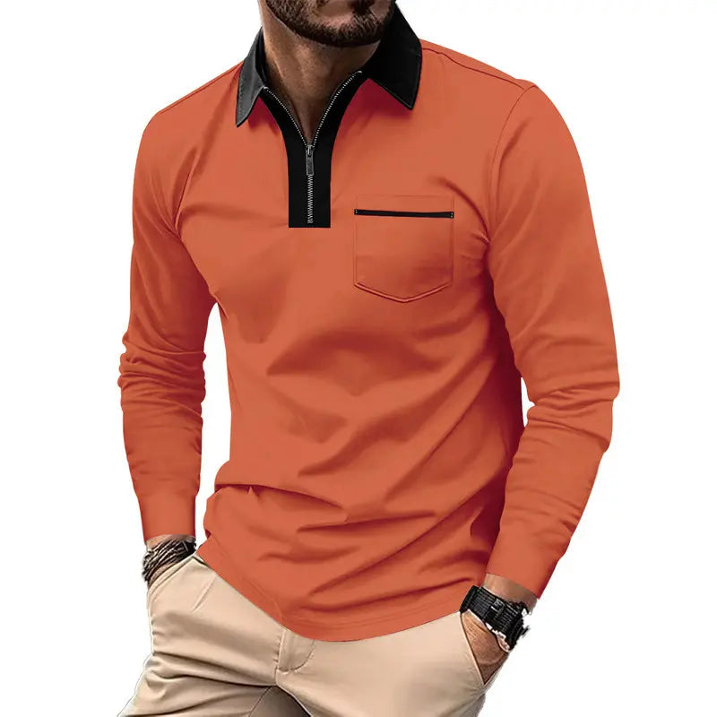 Polo à col zippé contrastant orange, col noir — vue portée de face