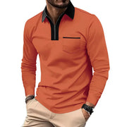 Polo à col zippé contrastant orange, col noir — vue portée de face