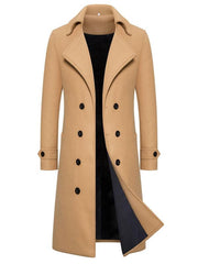 Manteau croisé à larges revers camel — pièce isolée, vue de face