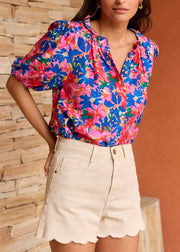Chemise fleurie bleu rose manches courtes