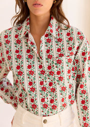 Chemise crème à fleurs rouges et vertes