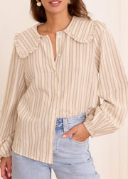 Blouse beige rayée col Claudine volanté
