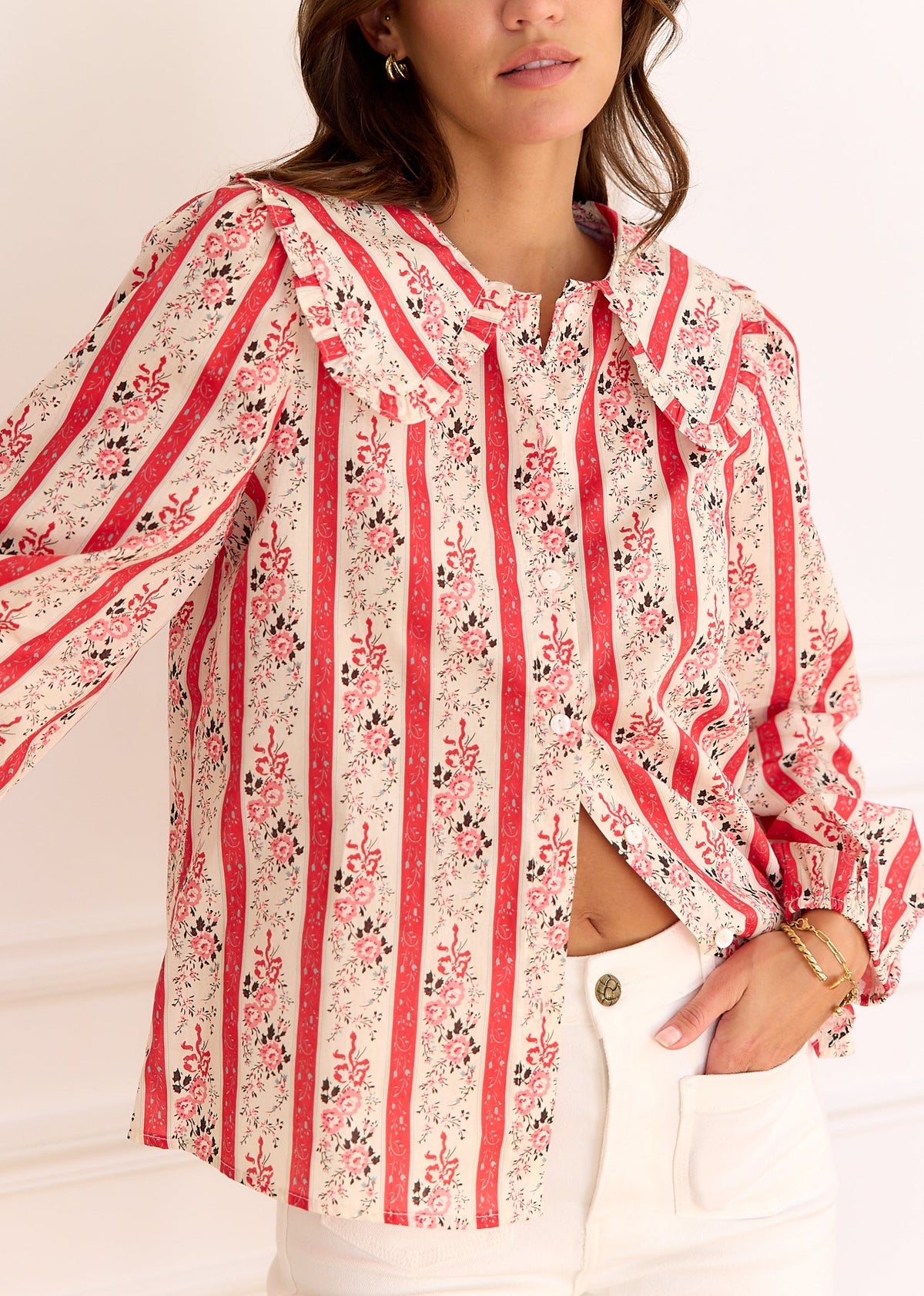 Blouse rouge rayée fleurie