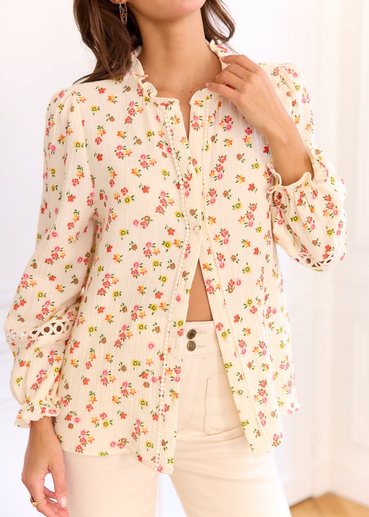 Blouse beige fleurie rose jaune