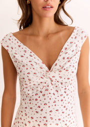 Top fleuri maille pointelle col V