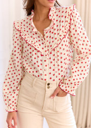 Chemise beige fleurie rouge