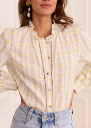 Chemise écrue fleurie jaune et rose