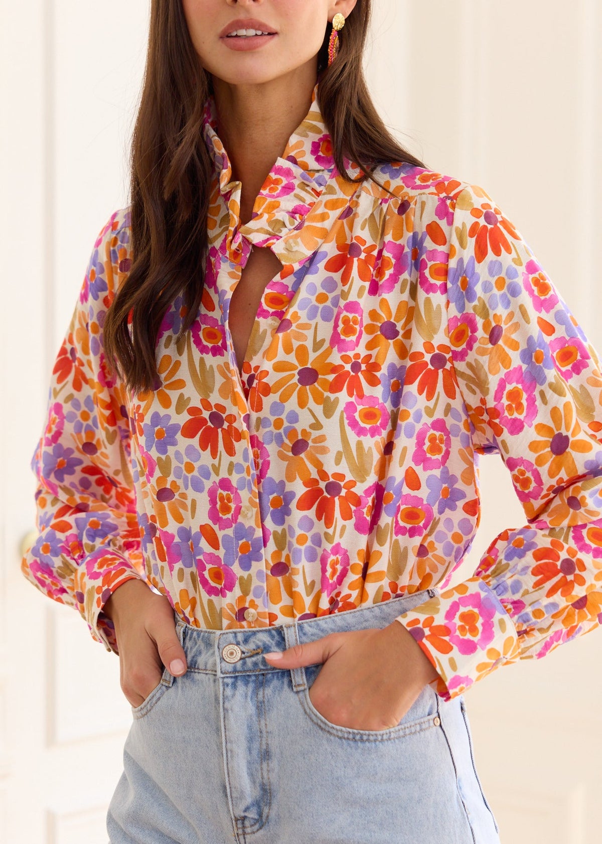 Chemise fleurie asymétrique orange violet