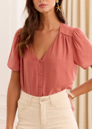 Blouse vieux rose fronces épaules