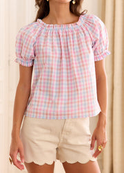 Blouse carreaux rose bleu col bardot