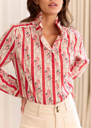 Blouse rayée fleurie col volanté