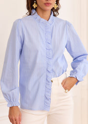 Blouse bleue rayée col volanté