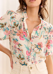 Blouse beige fleurie rose vert