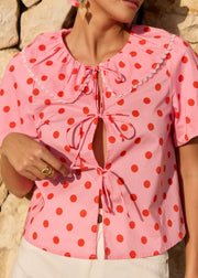 Top rose bonbon col Claudine dentelé