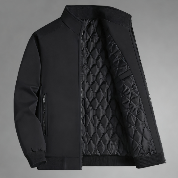 Veste noire ouverte sur un intérieur noir à losanges, sur fond gris.