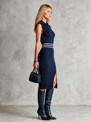Robe midi marine rayures — vue portée de profil droit
