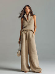 Ensemble maille camel pantalon large beige — vue portée de trois-quarts