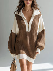 Robe-pull bicolore à col zippé — vue portée en pied, lunettes de soleil