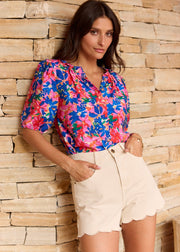 Chemise fleurie bleu rose manches courtes
