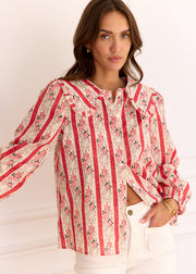 Blouse rouge rayée fleurie