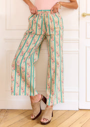Pantalon vert rayé fleuri