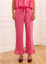 Pantalon rayé fuchsia volanté