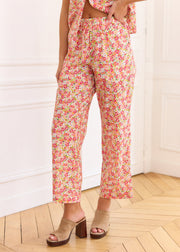 Pantalon ample rose fleuri en coton