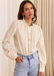 Chemise écrue fleurie jaune et rose