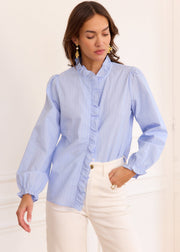 Blouse bleue rayée col volanté