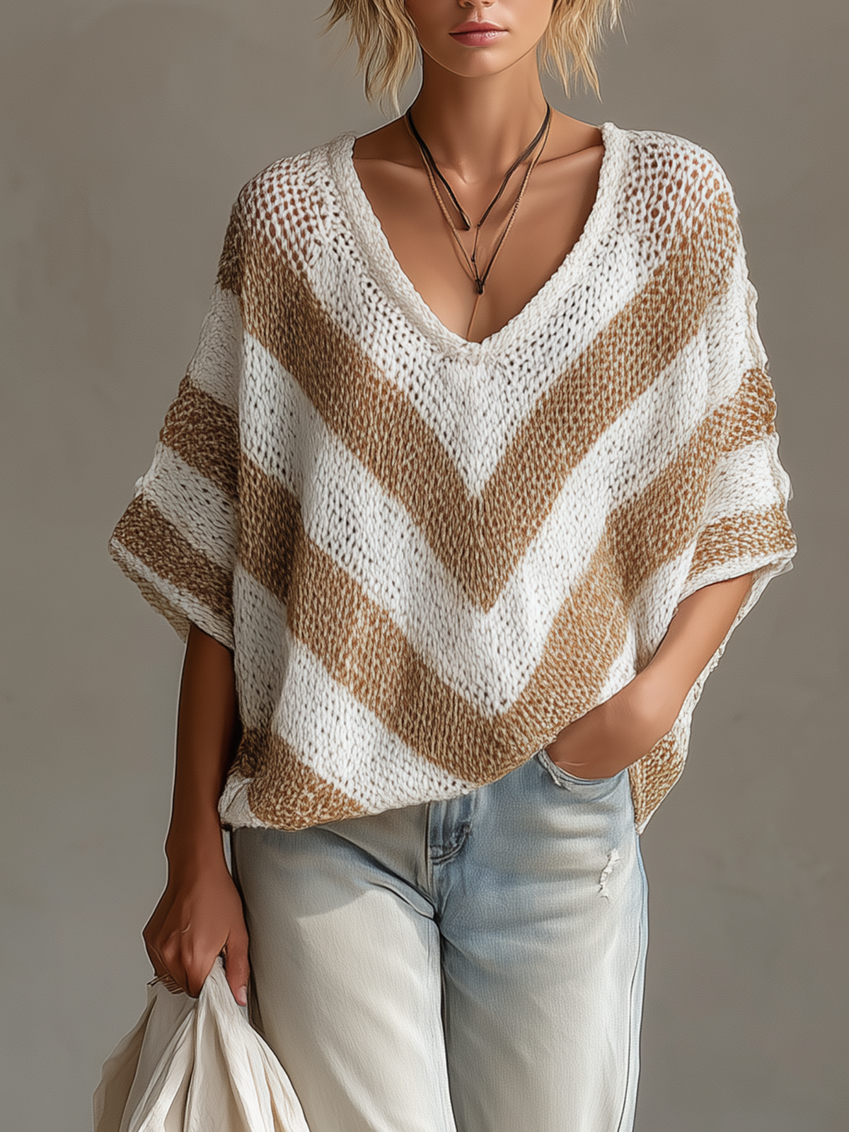 Pull rayé blanc beige — vue portée de face, jean clair et colliers