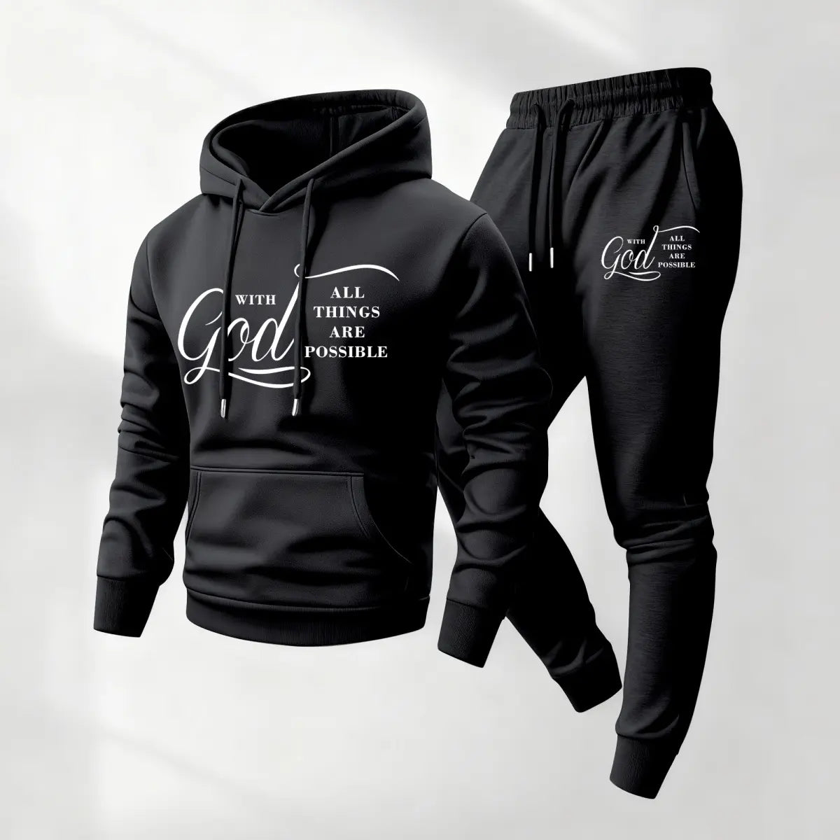 Ensemble sweat capuche imprimé jogging — noir présenté à plat, sweat imprimé calligraphie blanche et jogging