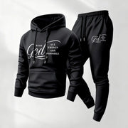 Ensemble sweat capuche imprimé jogging — noir présenté à plat, sweat imprimé calligraphie blanche et jogging