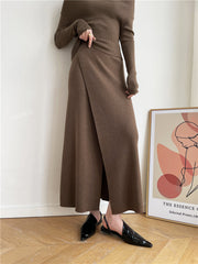 Jupe maxi fendue tricotée caramel