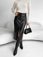 Jupe midi fendue simili cuir