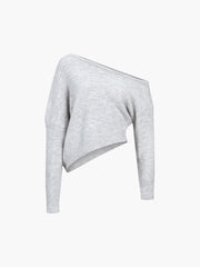 Pull asymétrique épaule dénudée gris clair — vue de face à plat