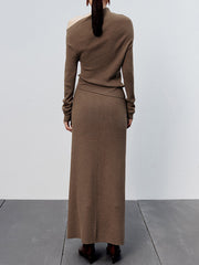 Jupe maxi fendue tricotée caramel