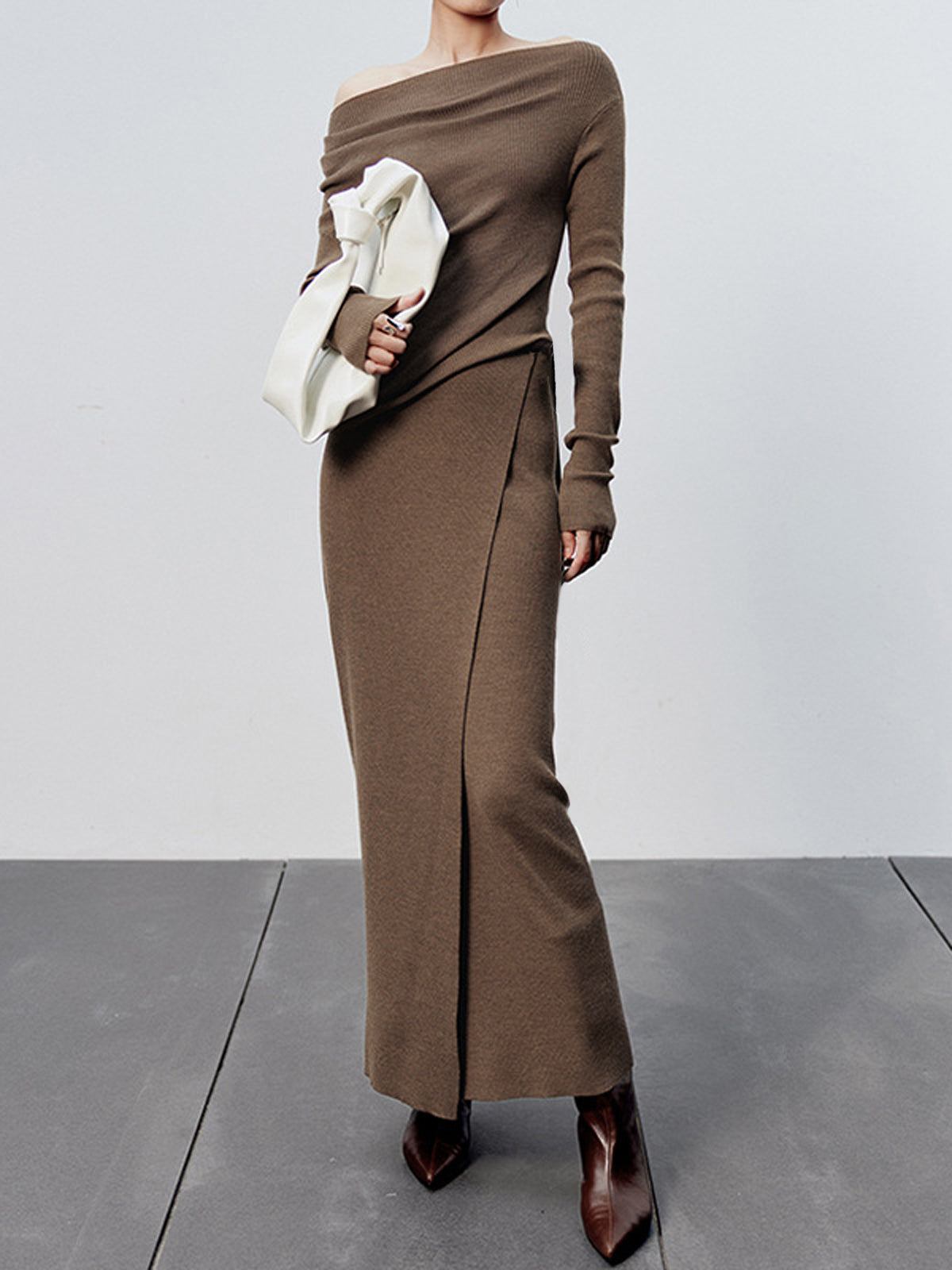 Jupe maxi fendue tricotée caramel