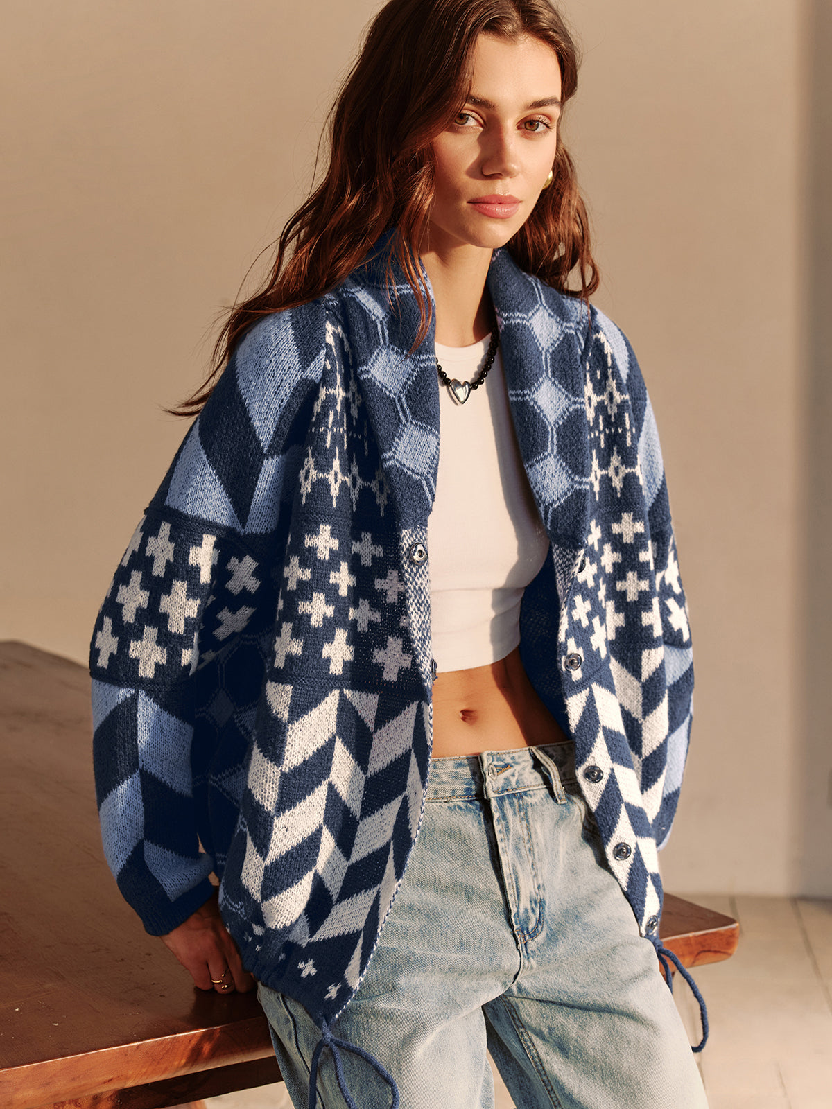 Cardigan imprimé bohème col revers